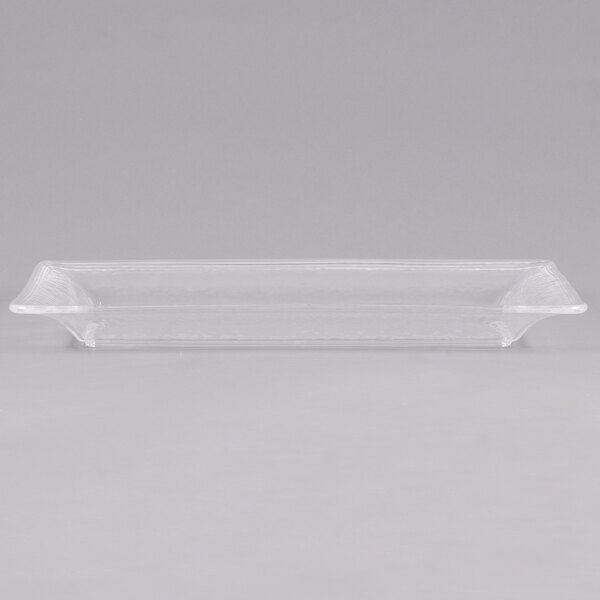 A clear rectangular plastic tray with a handle.