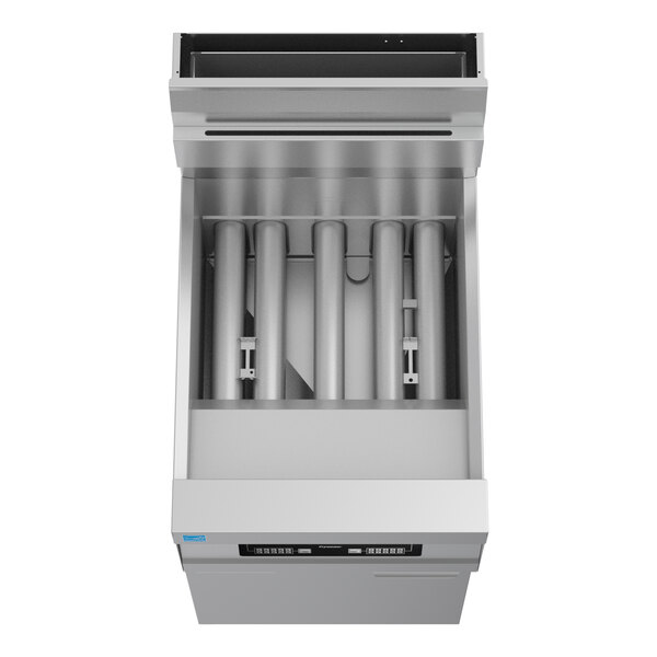 A commercial stainless steel floor fryer with a rectangular open top and internal heating tubes.