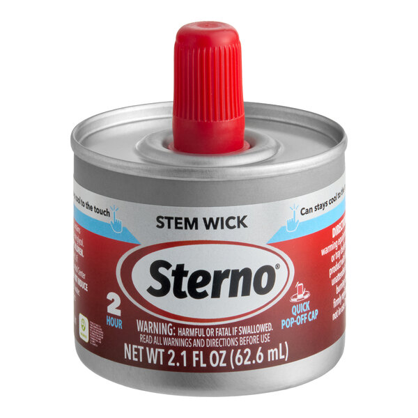 A can of Sterno 2-hour stem wick chafing fuel with a red cap.