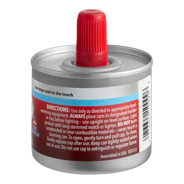 A can of Sterno 2-hour stem wick chafing fuel with a red cap.
