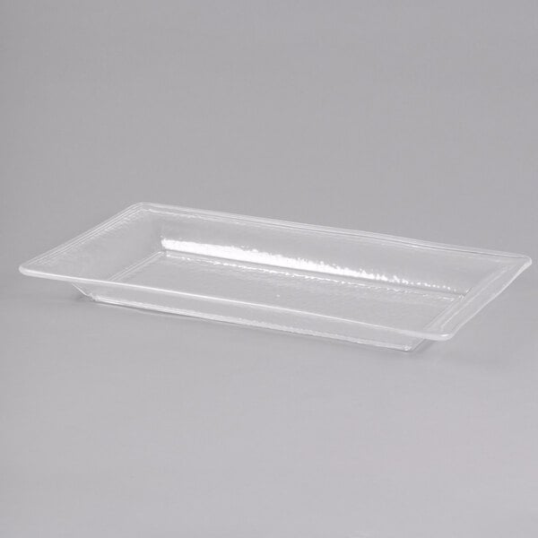 An American Metalcraft clear rectangular styrene platter with a handle.