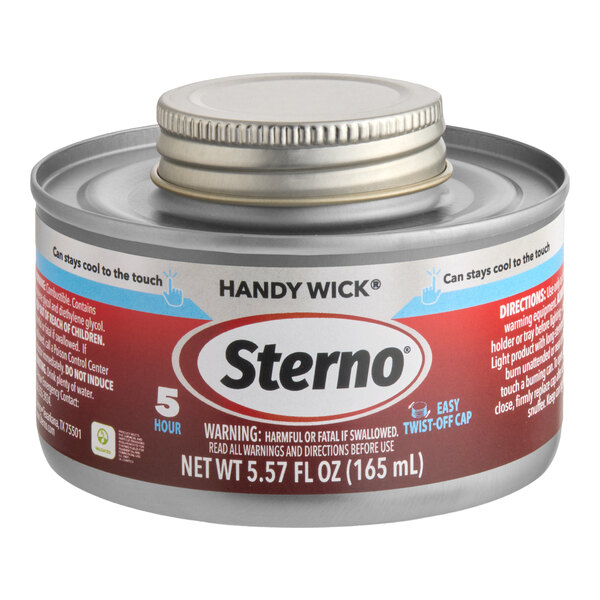 A can of Sterno 5-hour Handy Wick chafing fuel with a safety twist cap.