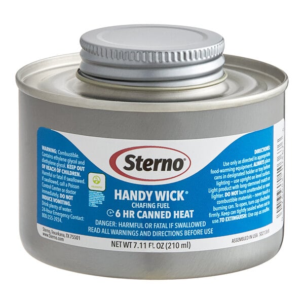 A can of Sterno Handy Wick chafing fuel with a safety twist cap.