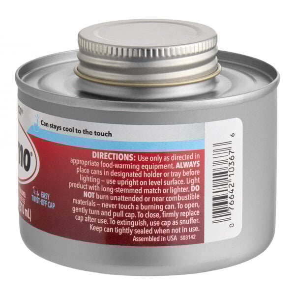 A can of Sterno 6-hour Handy Wick chafing fuel with a safety twist cap.