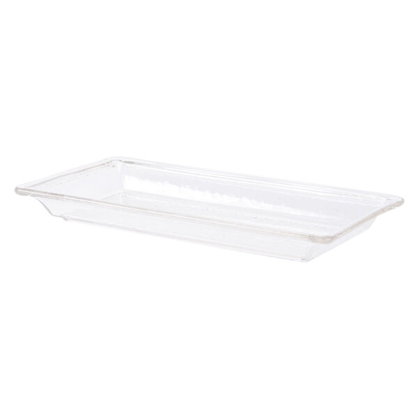 A clear rectangular styrene platter by American Metalcraft.