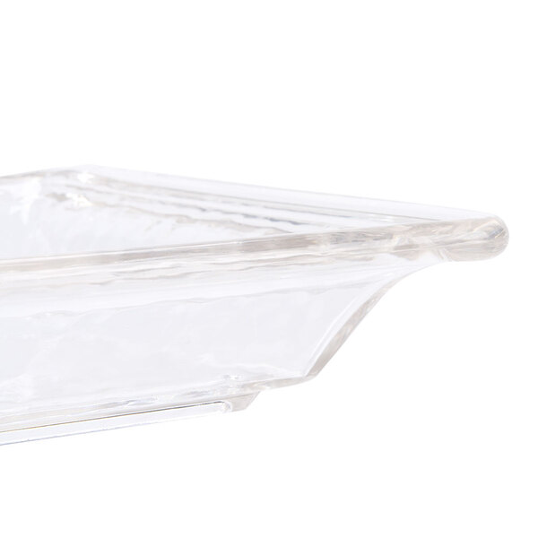 A clear rectangular styrene platter with a curved edge and a handle.