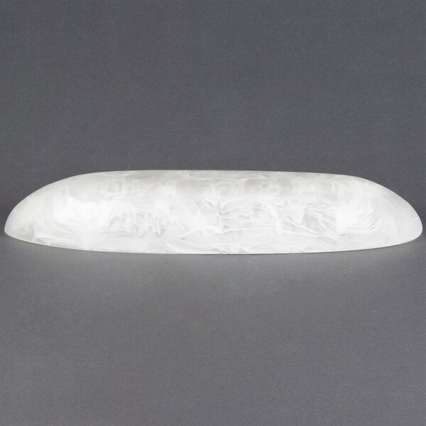 An American Metalcraft Translucence oblong bowl with a white design on a white background.