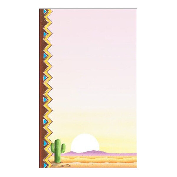 A sheet of paper with a southwestern desert scene at the bottom, featuring a cactus, mountains, and a setting sun, and a colorful zigzag border along the left side.