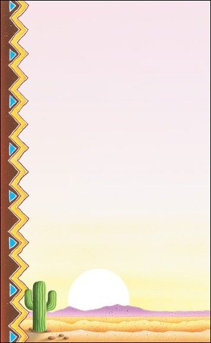 Menu paper with a white background, a border with a sunset over a desert, and a desert scene with cactus.