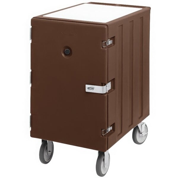 A dark brown Cambro mobile cart for sheet pans and trays with a door.