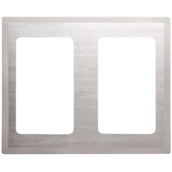 A stainless steel rectangular adapter plate with a satin finish and two white rectangular openings with a black border.