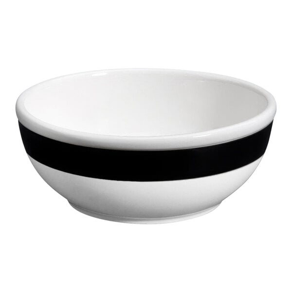 A white stoneware bowl with black stripes.