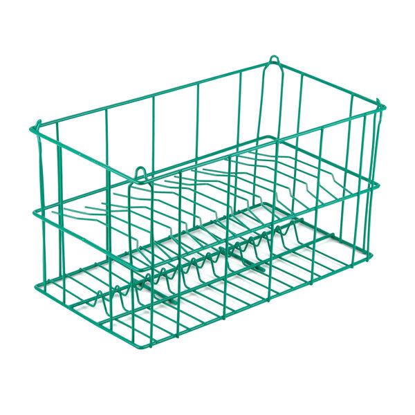 A green Microwire soup bowl rack with 15 compartments.