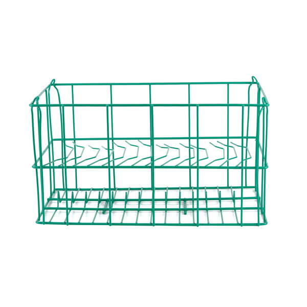 A green wire rack with 15 compartments for soup bowls.