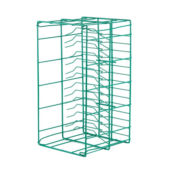 A green Microwire rack with 15 compartments for bowls.