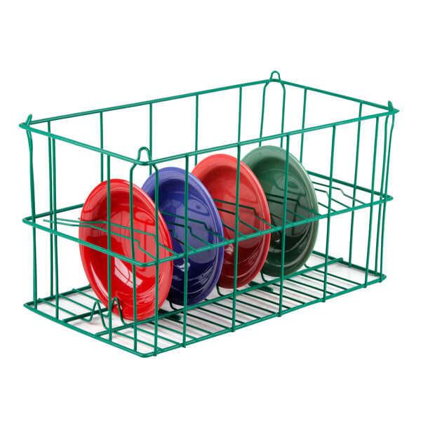 A green Microwire catering rack holding several plates.