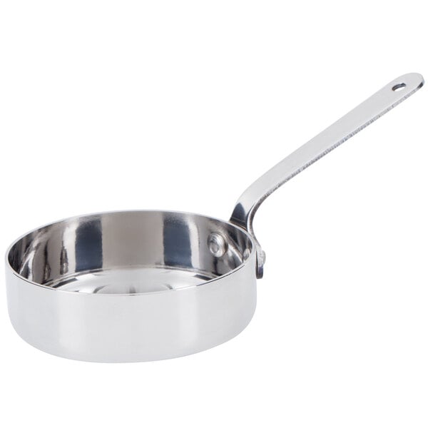 An American Metalcraft stainless steel mini fry pan with a handle.