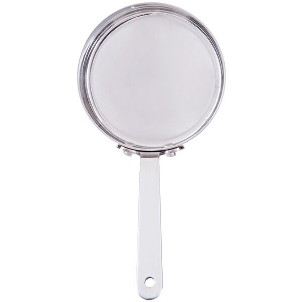 A close-up of an American Metalcraft stainless steel mini fry pan with a handle.