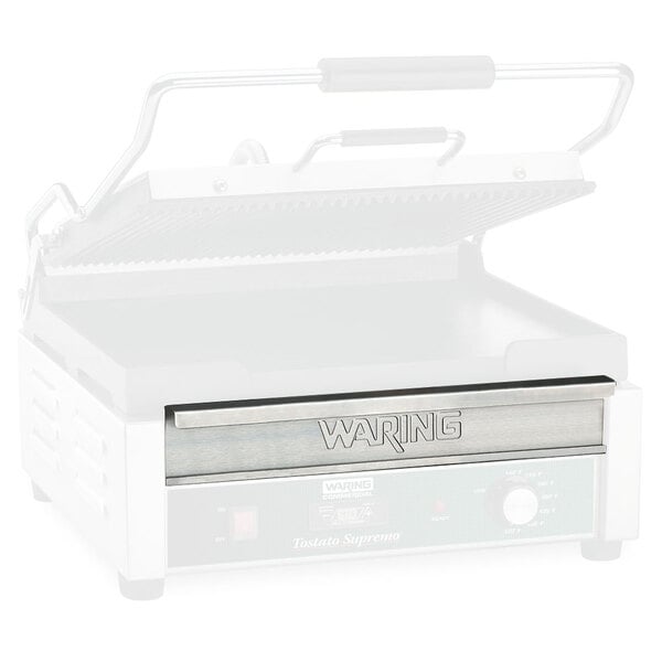 A Waring drip tray for a white and black electric panini grill.