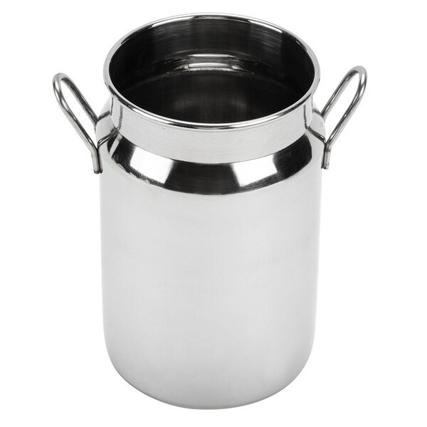 An American Metalcraft stainless steel milk can creamer with two handles.
