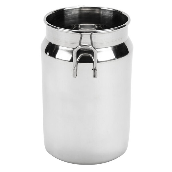 An American Metalcraft stainless steel milk can creamer with a lid and handle.