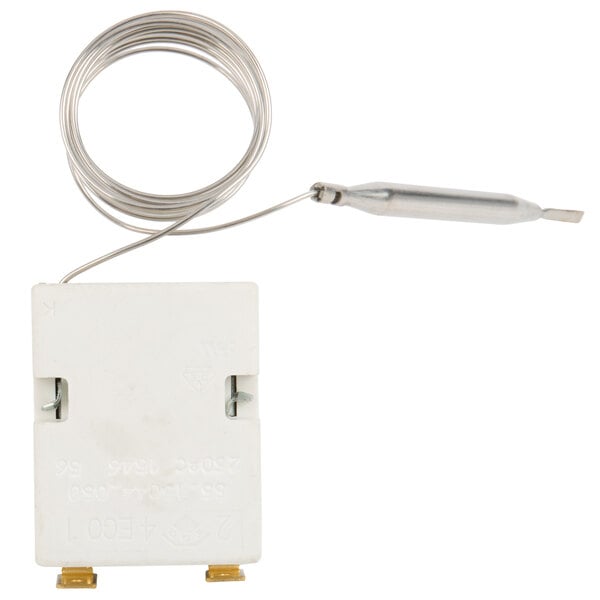 A small white rectangular thermostat with metal wires.
