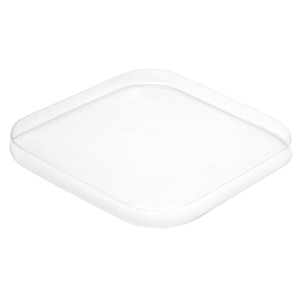 A clear square American Metalcraft PET jar lid on a white background.