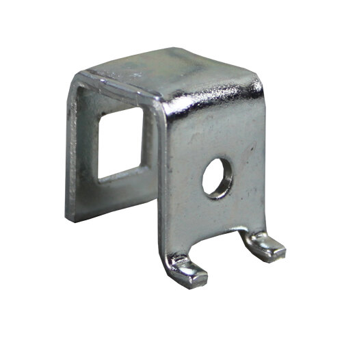 A silver metal bracket with a hole in the middle.