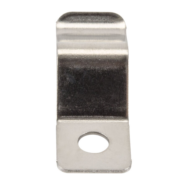 A stainless steel Waring juicer cover lock with a hole in it.