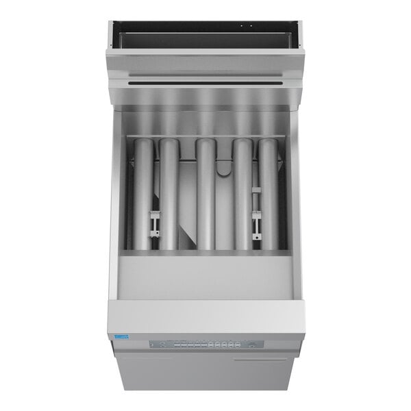A stainless steel natural gas floor fryer with a 30-40 lb. oil capacity.
