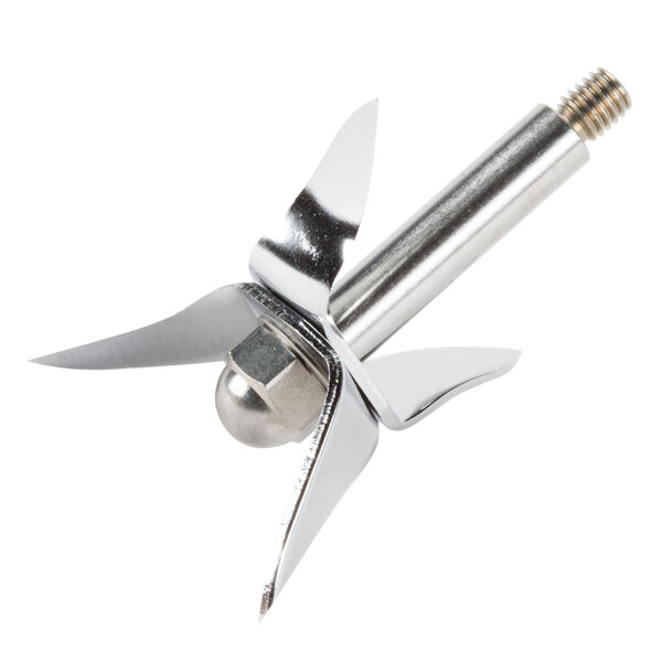 A silver metal blade with a nut.