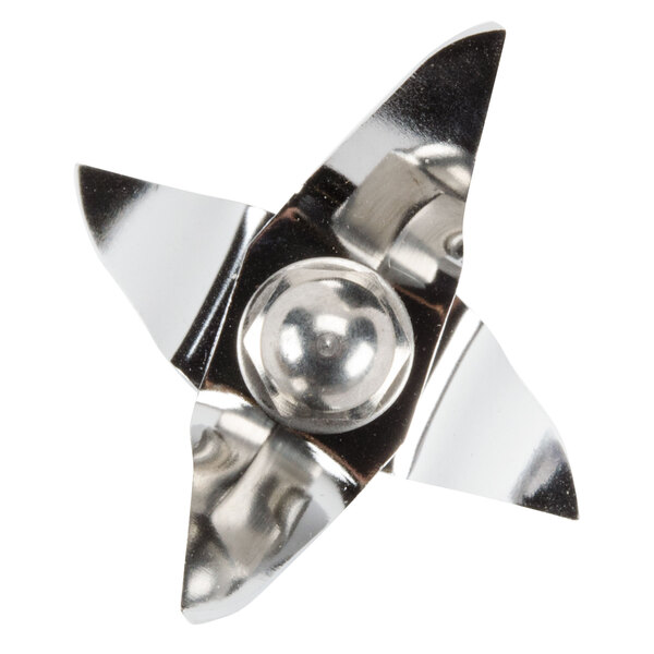 A silver metal Waring blade and shaft assembly with a metal ball.