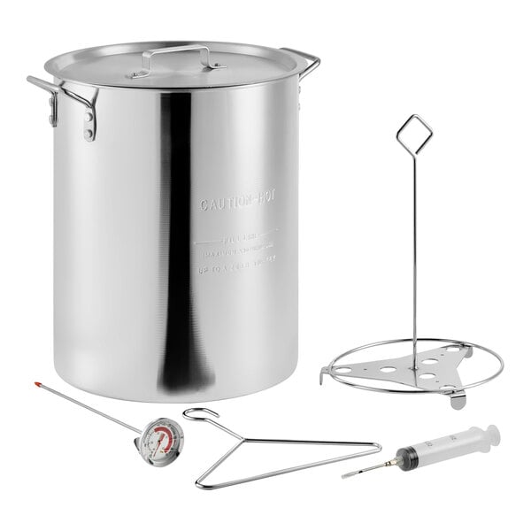 A 30-quart aluminum turkey fry pot with a lid, thermometer, lifting hook, rack, and injector syringe.
