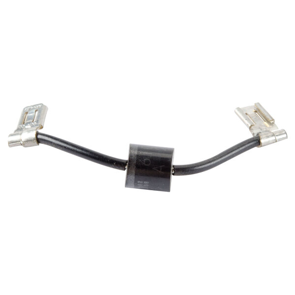 A close-up of a black cable with silver metal clips on the end.