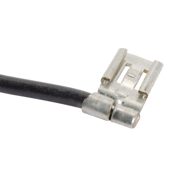 A close-up of a black and silver cable with a metal connector.
