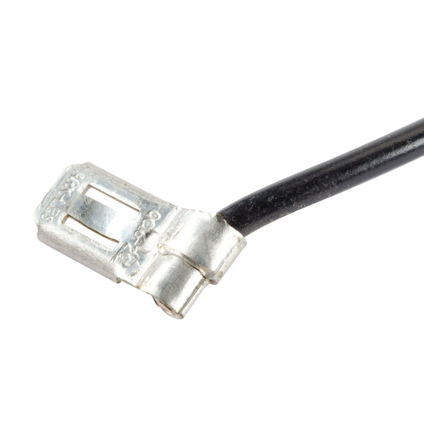 A close-up of a black cable with a silver connector.