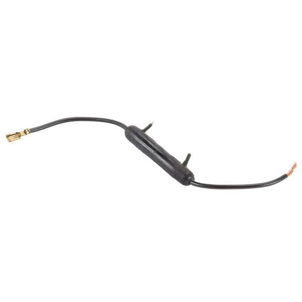 A black cable with a gold tip and a yellow wire.