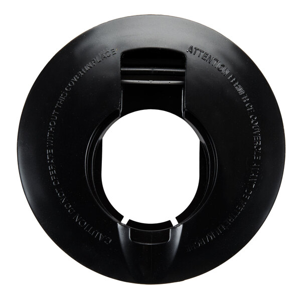 A black circular plastic lid with a hole in it.