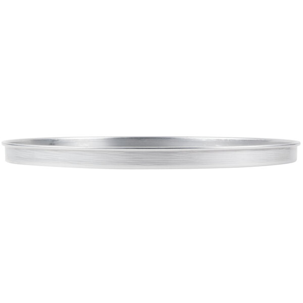 An American Metalcraft standard weight aluminum pizza pan with straight sides and perforations.