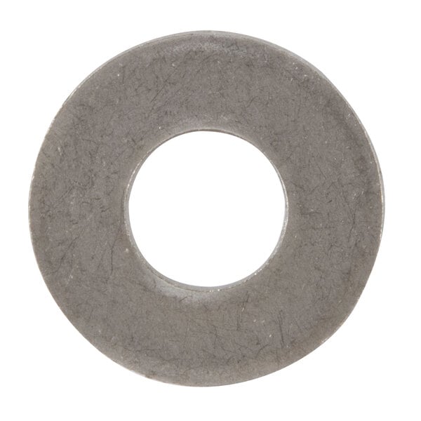 A close-up of a round metal Waring washer with a hole in it.