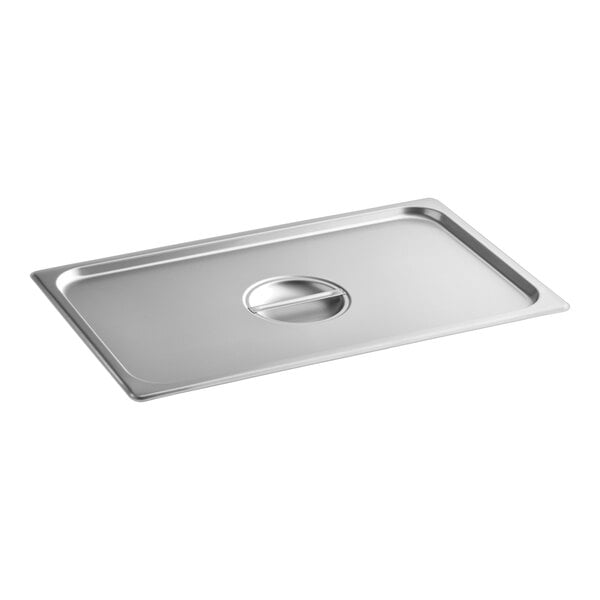 A full size stainless steel solid steam table or hotel pan cover with a central handle.