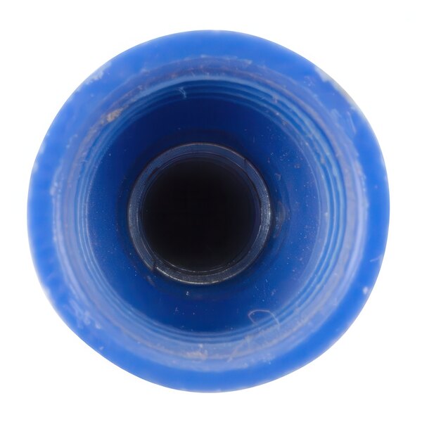 A blue plastic Waring Wire-Nut with a hole in it.