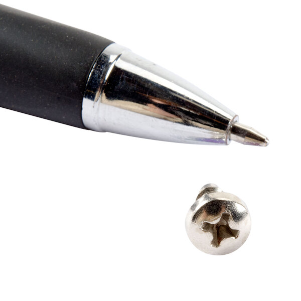 A silver screw with a black tip.