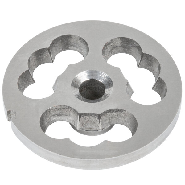 A Globe stuffing plate for a #12 meat grinder assembly, a circular metal object with holes.