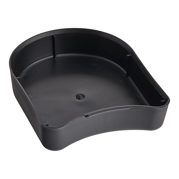 A black plastic Bunn drip tray with a curved edge and a hole in it.