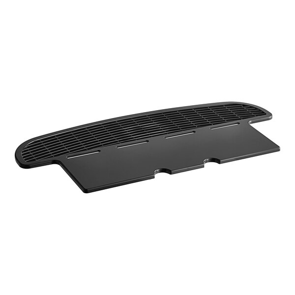 A black plastic drip tray cover for Bunn hot beverage dispensers with a vent and holes.