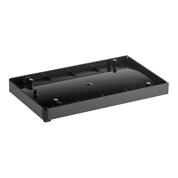 A black rectangular Bunn drip tray with two holes.