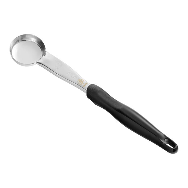 A Vollrath Jacob's Pride black solid round Spoodle portion spoon with a silver handle.