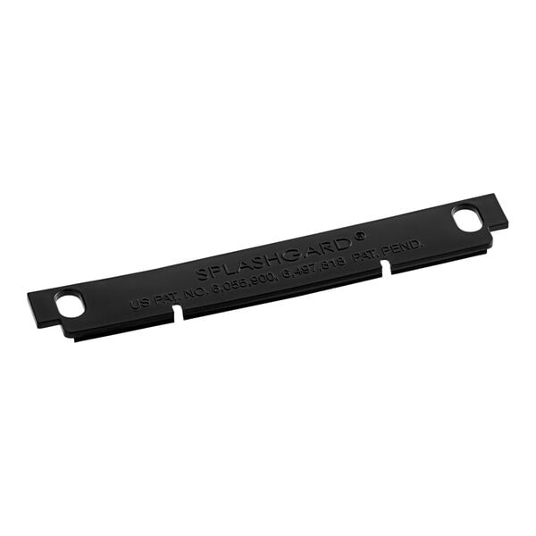 A black rectangular plastic splash guard with writing on it and two holes.