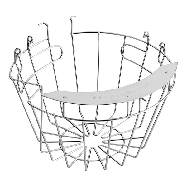 A metal basket with a curved metal handle.